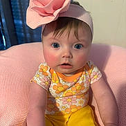Sadie joined the competition — help win amazing prizes! baby, child, infant, pink_headband, flower, floral_clothing, yellow_pants, cushion, soft_texture, indoor, portrait, blue_eyes, curious_expression, hand_support, seated, closeup, cute, skin, person, headwear