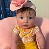 baby, child, infant, pink_headband, flower, floral_clothing, yellow_pants, cushion, soft_texture, indoor, portrait, blue_eyes, curious_expression, hand_support, seated, closeup, cute, skin, person, headwear