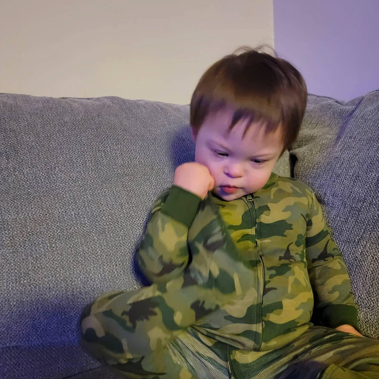 Jackson joined the competition — help win amazing prizes! baby, baby_toddler_clothing, camouflage, cheek, child, comfort, couch, human_body, linens, military_camouflage, pattern, person, play, room, sitting, sleeve, studio_couch, t_shirt, toddler