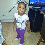 Danolia is registered to the contest to win money with this photo: toddler, child, indoor, standing, minnie_mouse, tshirt, purple_pants, sneakers, headband, wood_floor, television, weather_forecast, living_room, furniture, earrings, curly_hair, expression, person, home, casual_clothing