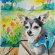 Teddy is registered to the contest to win money with this photo: animal, artwork, background, blue_harness, castle, colorful, cute, dog, flowers, garden, illustration, leash, nature, outdoor_scene, painting, pet, trees, watercolor, whimsical, wooden_surface
