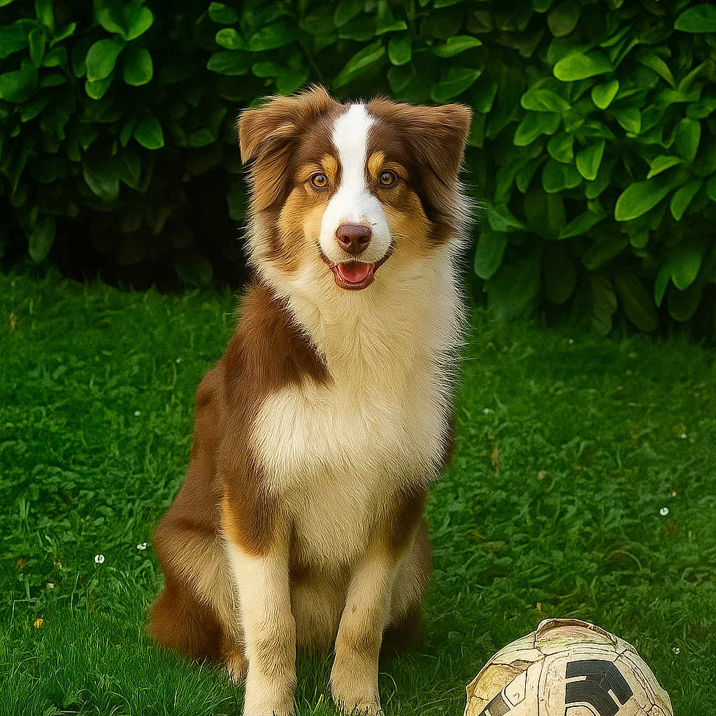 Marley a rejoint le concours — aidez-le/la à gagner de superbes lots ! animal, brown_and_white, canine, daylight, dog, friendly, fur, grass, greenery, hedge, leafy, nature, outdoor, park, pet, playful, portrait, sitting, smiling, soccer_ball