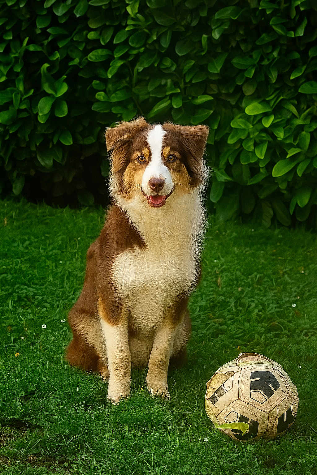Marley a rejoint le concours — aidez-le/la à gagner de superbes lots ! dog, brown_and_white, sitting, grass, soccer_ball, outdoor, greenery, hedge, pet, animal, playful, fur, canine, nature, leafy, friendly, portrait, smiling, daylight, park