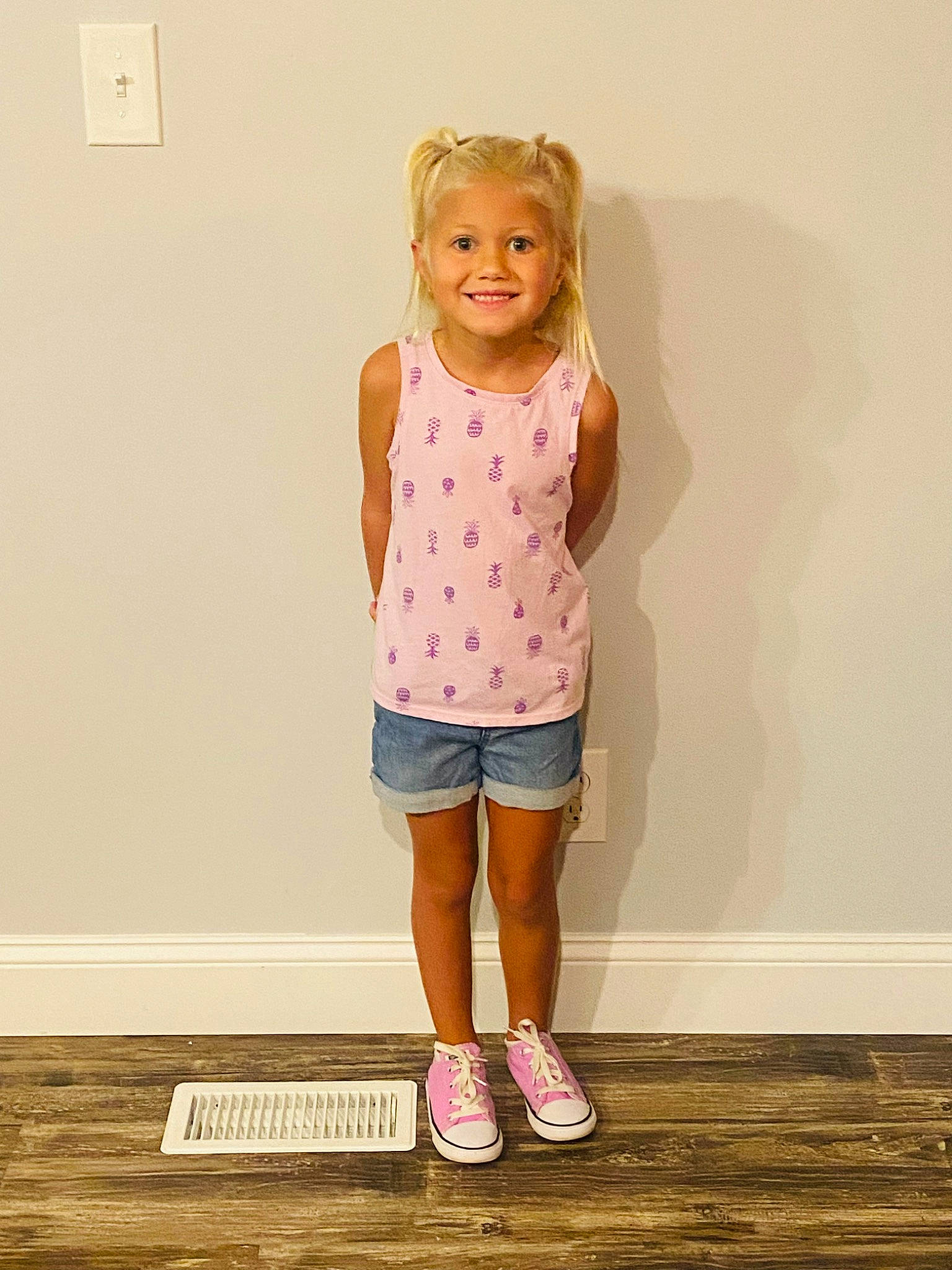 Harper joined the competition — help win amazing prizes! arm, baby_toddler_clothing, denim, fashion_design, flooring, hair, happy, human_body, human_leg, joy, knee, pattern, peach, person, pink, shorts, sleeve, smile, t_shirt, thigh