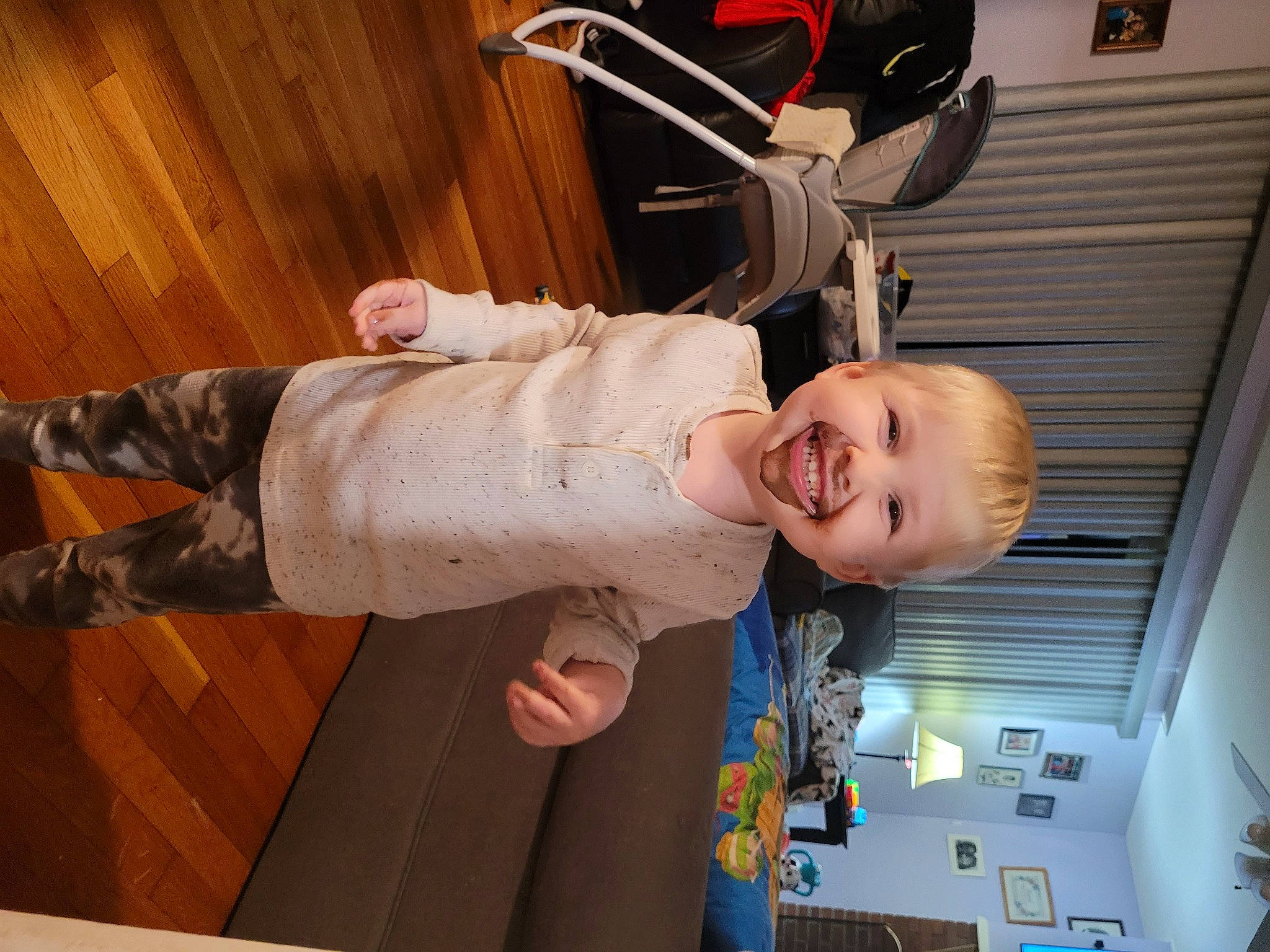 Teagan is registered to the contest to win money with this photo: baby, baby_products, baby_safety, baby_toddler_clothing, child, comfort, facial_expression, flooring, fun, happy, hardwood, joy, person, room, smile, toddler, wood