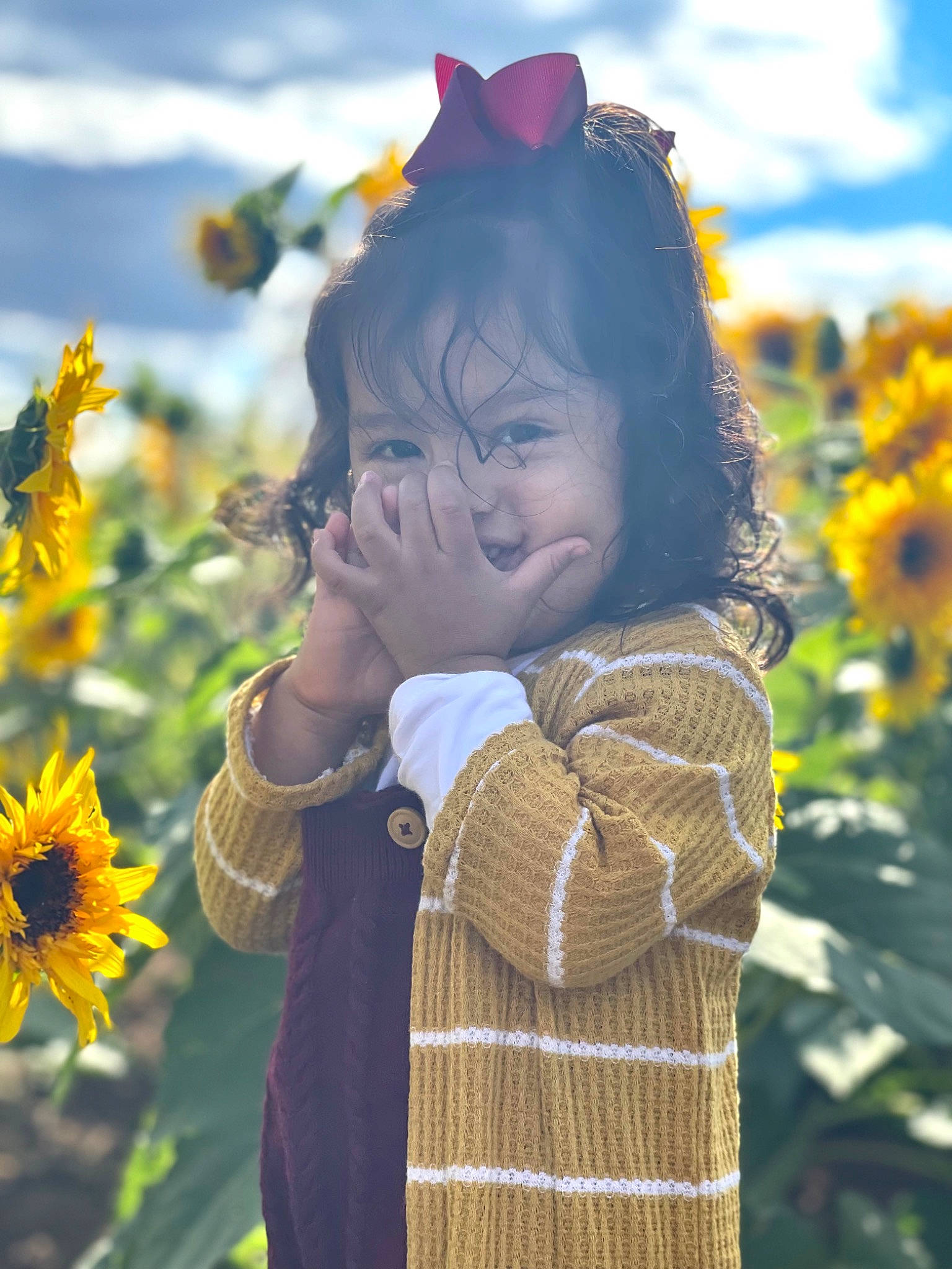 Laramie is registered to the contest to win money with this photo: annual_plant, botany, eye, face, facial_expression, flower, grass, happy, jacket, people_in_nature, person, petal, plant, prairie, sky, street_fashion, sunflower, sunlight, toddler, wilderness