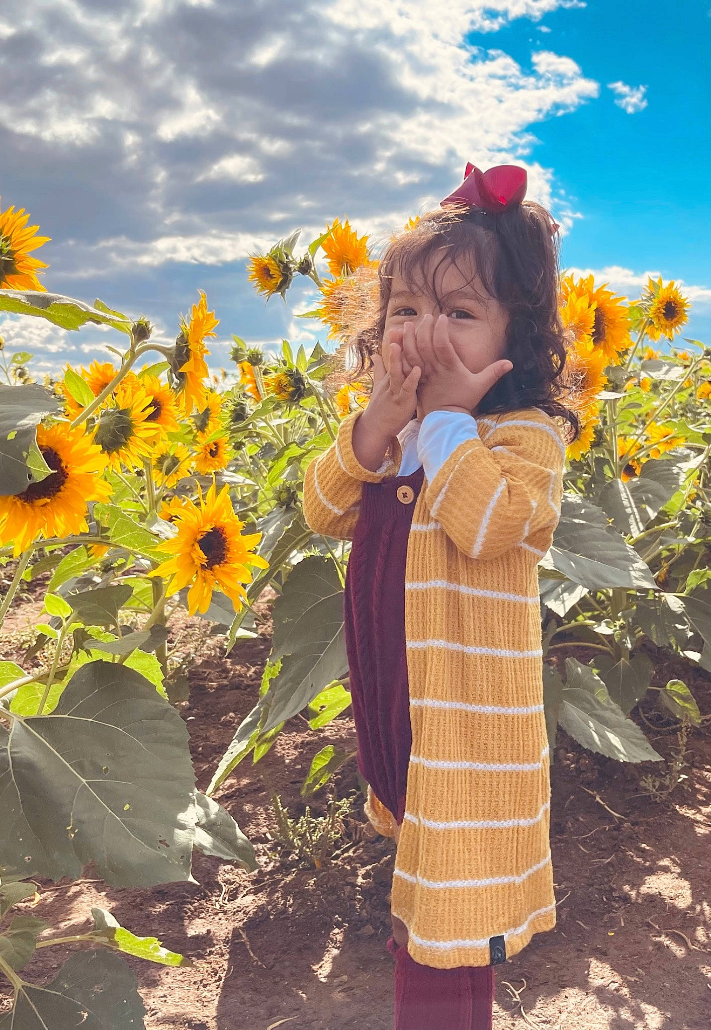 Laramie is registered to the contest to win money with this photo: agriculture, cloud, field, flower, flowering_plant, fun, grass, grassland, hair, happy, landscape, long_hair, meadow, morning, people_in_nature, person, petal, plant, prairie, sky