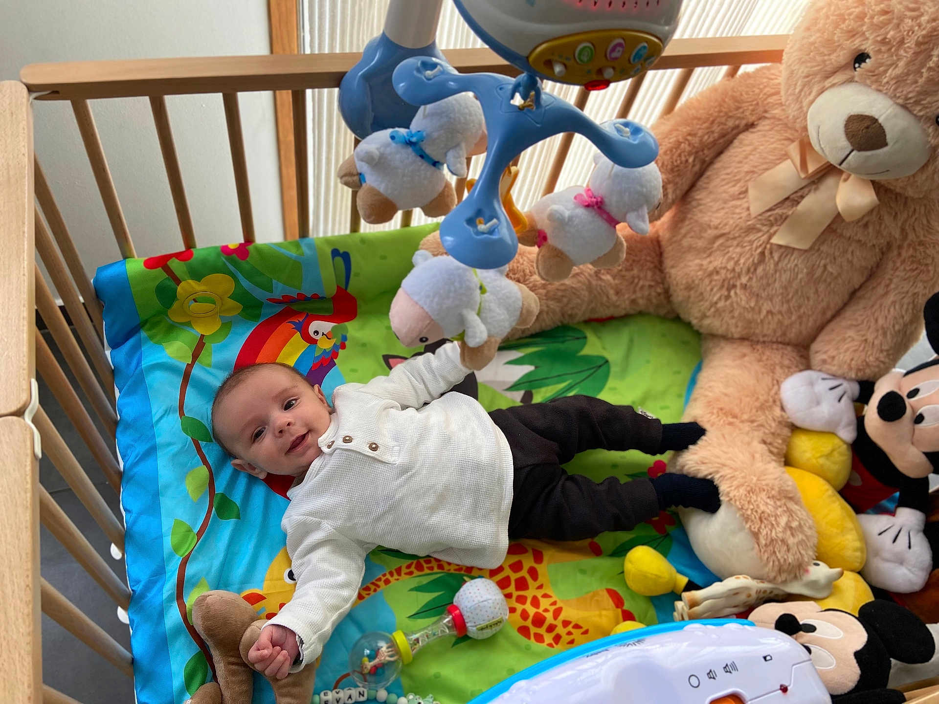 Evan a rejoint le concours — aidez-le/la à gagner de superbes lots ! baby, crib, stuffed_animals, toy_mobile, colorful_bedding, giraffe_pattern, soft_toys, teddy_bear, mickey_mouse, infant_clothing, smiling_baby, indoor, play_area, child, lying_down, white_shirt, black_pants, baby_toys, cute, happy