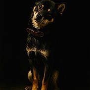Valka a rejoint le concours — aidez-le/la à gagner de superbes lots ! alert, animal, black_background, brown_fur, canine, close_up, collar, curious, cute, dark, dog, domestic_animal, ears_up, fur_texture, indoor, looking_up, pet, portrait, sitting, studio_lighting