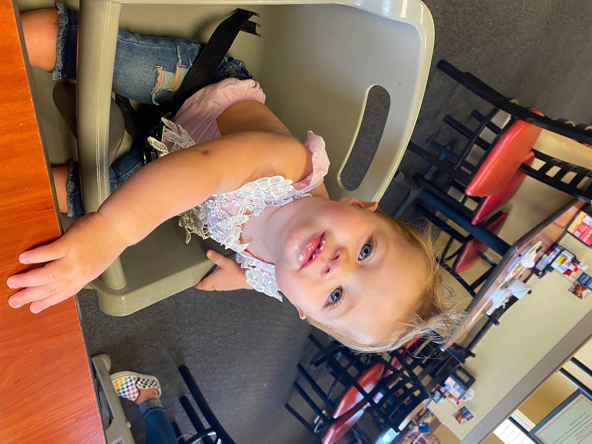 Novaleigh is registered to the contest to win money with this photo: baby, baby_products, chair, child, comfort, eyelash, eyewear, fun, furniture, human_leg, joint, knee, machine, person, room, sitting, smile, thigh, toddler