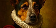 Tennessee Blue joined the competition — help win amazing prizes! dog, portrait, costume, renaissance, clothing, ruffled_collar, brown_background, animal, face, noble, historical_style, pet, fancy, dressed_up, serious_expression, studio_lighting, close_up, canine, artistic, classic