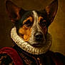 dog, portrait, costume, renaissance, clothing, ruffled_collar, brown_background, animal, face, noble, historical_style, pet, fancy, dressed_up, serious_expression, studio_lighting, close_up, canine, artistic, classic