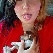 Madea is registered to the contest to win money with this photo: person, puppy, dog, tongue_out, red_shirt, car_interior, hand, hair, piercing, cute, sleeping_dog, pet, holding, close_up, casual, young_adult, tattoo, black_hair, blonde_hair, portrait