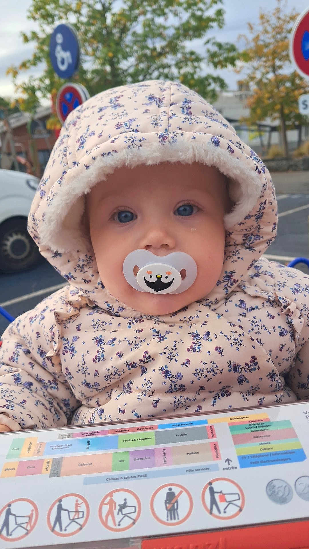 Azelya participe au concours pour gagner de l'argent avec cette photo : baby, child, pacifier, hooded_jacket, floral_pattern, blue_eyes, outdoor, signs, vehicle, winter_clothing, cute, face, portrait, infant, warm_clothing, closeup, expression, cart, shopping, winter