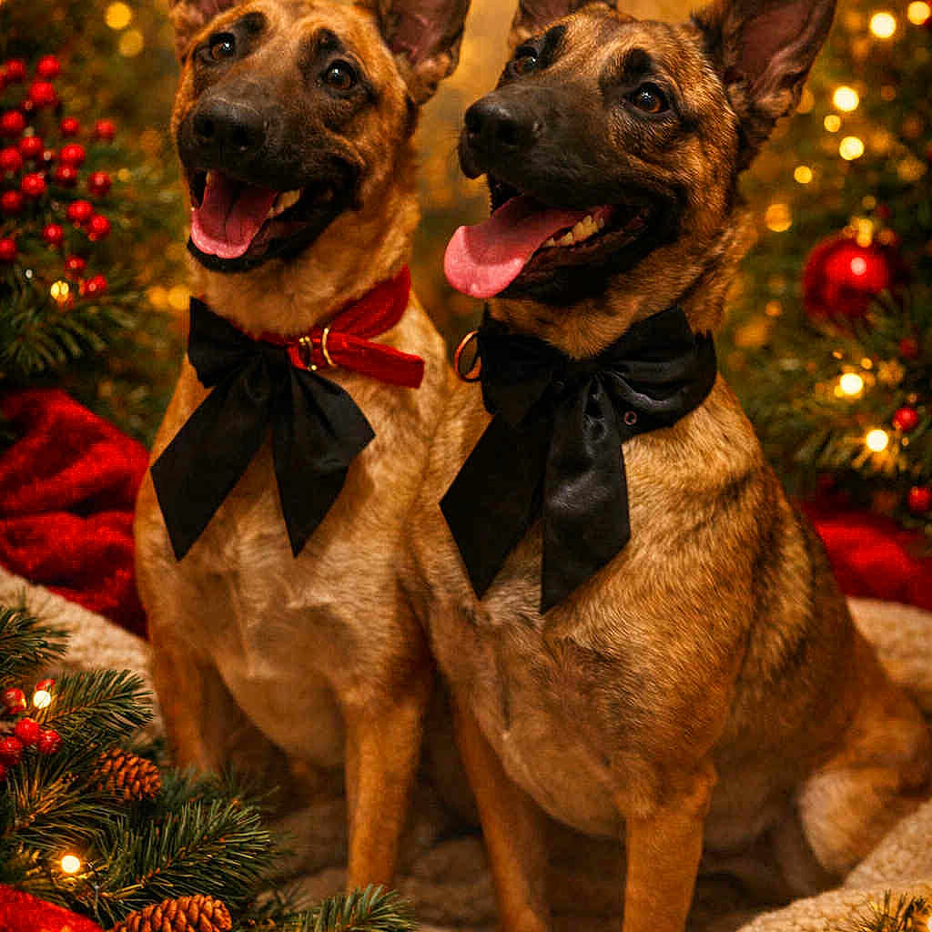 Vayana Viky a rejoint le concours — aidez-le/la à gagner de superbes lots ! animal, bow, christmas, cozy, cute, decorations, dog, festive, greenery, happy, holiday, indoors, lights, pet, pine_cones, portrait, red_berries, smiling, tongue_out, two_dogs