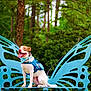 dog, animal, pet, outdoor, forest, bench, butterfly_wings, greenery, nature, happy, tongue_out, sitting, blue_harness, bandana, daylight, wood, plant, leaf, cute, playful