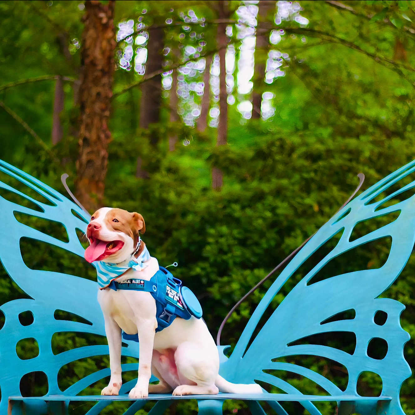 Bailey is registered to the contest to win money with this photo: animal, bandana, bench, blue_harness, butterfly_wings, cute, daylight, dog, forest, greenery, happy, leaf, nature, outdoor, pet, plant, playful, sitting, tongue_out, wood