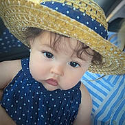 Arlette is registered to the contest to win money with this photo: baby, child, hat, straw_hat, polka_dot, dress, navy_blue, face, eyes, curly_hair, hand, striped_shirt, adult, person, portrait, close_up, indoors, cute, holding, fashion