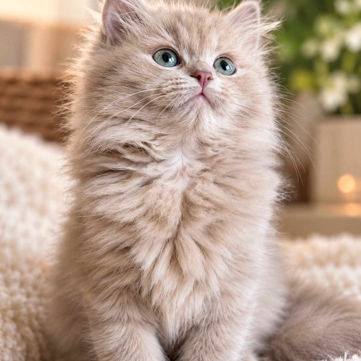 Yuki joined the competition — help win amazing prizes! kitten, cat, fluffy, cream_colored, blue_eyes, long_hair, sitting, portrait, indoor, cozy, blanket, carpet, soft_lighting, cute, adorable, pet, whiskers, ears, feline, home_decor