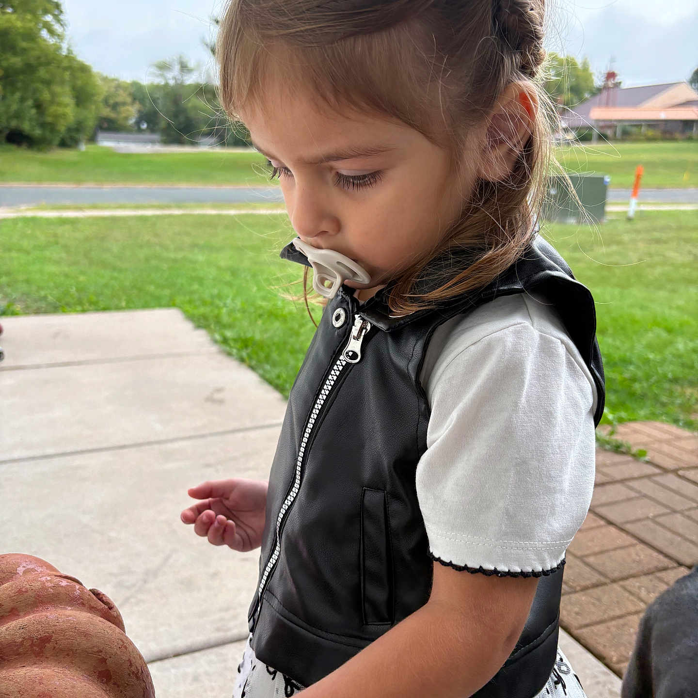 Annalea joined the competition — help win amazing prizes! child, girl, toddler, pacifier, portrait, outdoor, suburban, lawn, sidewalk, grass, house, dog, black_dog, braided_hair, brown_hair, vest, dress, curious, standing, daylight