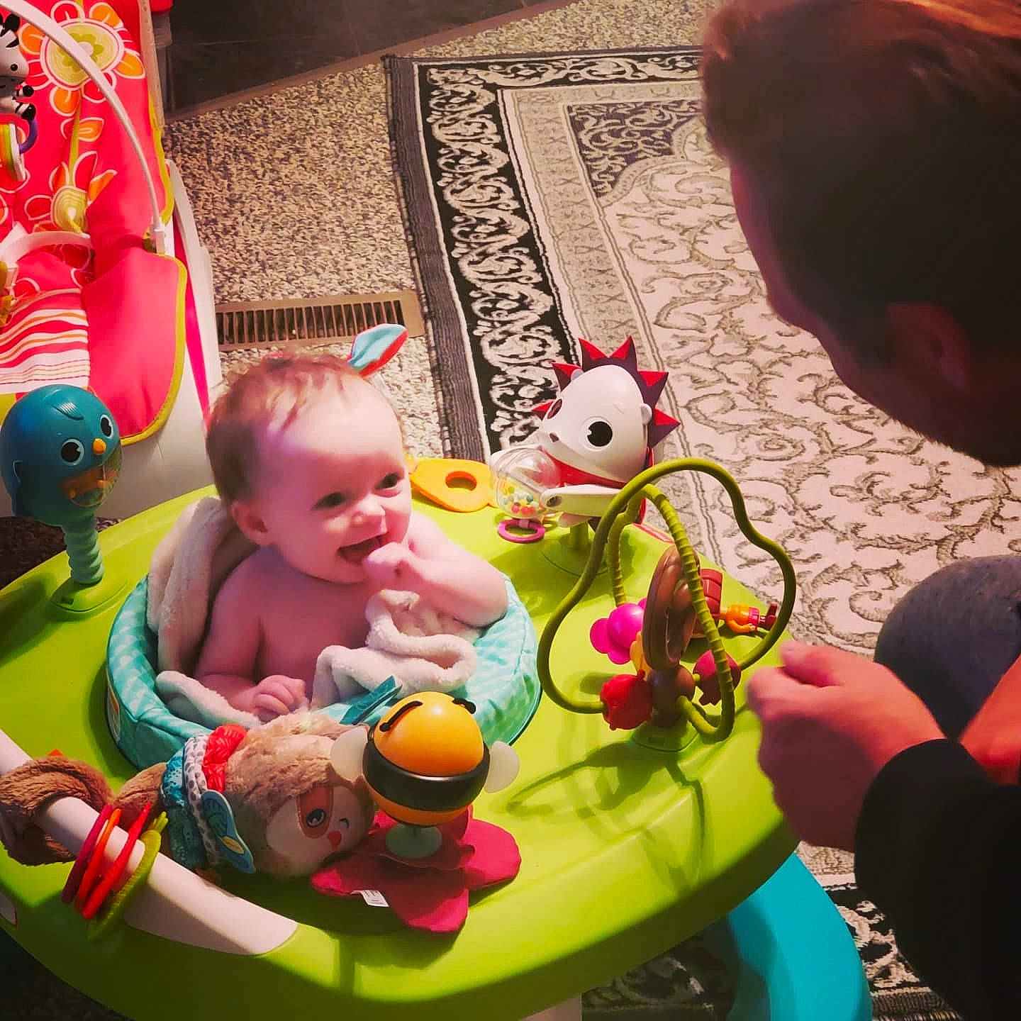 Mylah is registered to the contest to win money with this photo: baby, baby_products, baby_toddler_clothing, baby_toys, child, event, fun, green, happy, leisure, mammal, person, pink, play, recreation, sitting, snapshot, stuffed_toy, tableware, toddler