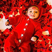 Adam participe au concours pour gagner de l'argent avec cette photo : baby, infant, child, red_onesie, knit_outfit, rose_petals, lipstick_marks, face, big_eyes, surprised_expression, lying_on_back, cozy_blanket, buttons, soft_texture, indoor, portrait, close_up, playful, floral, red_color