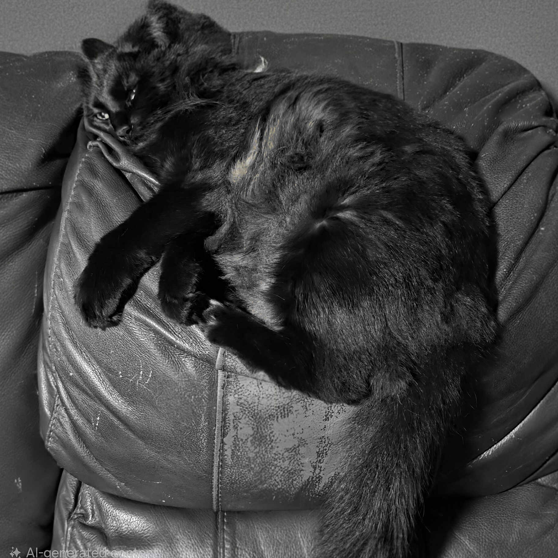Pillow is registered to the contest to win money with this photo: animal, black_cat, cat, close_up, cozy, cushion, domestic_animal, feline, fur, furniture, indoor, leather_cushion, monochrome, paw, pet, relaxed, resting, sleeping, tail, whiskers