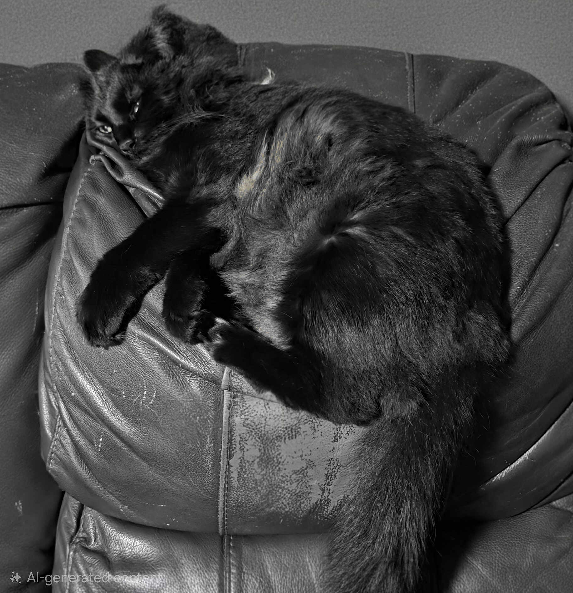 Pillow is registered to the contest to win money with this photo: black_cat, cat, feline, pet, animal, sleeping, resting, leather_cushion, cushion, furniture, indoor, cozy, fur, tail, paw, whiskers, relaxed, domestic_animal, close_up, monochrome