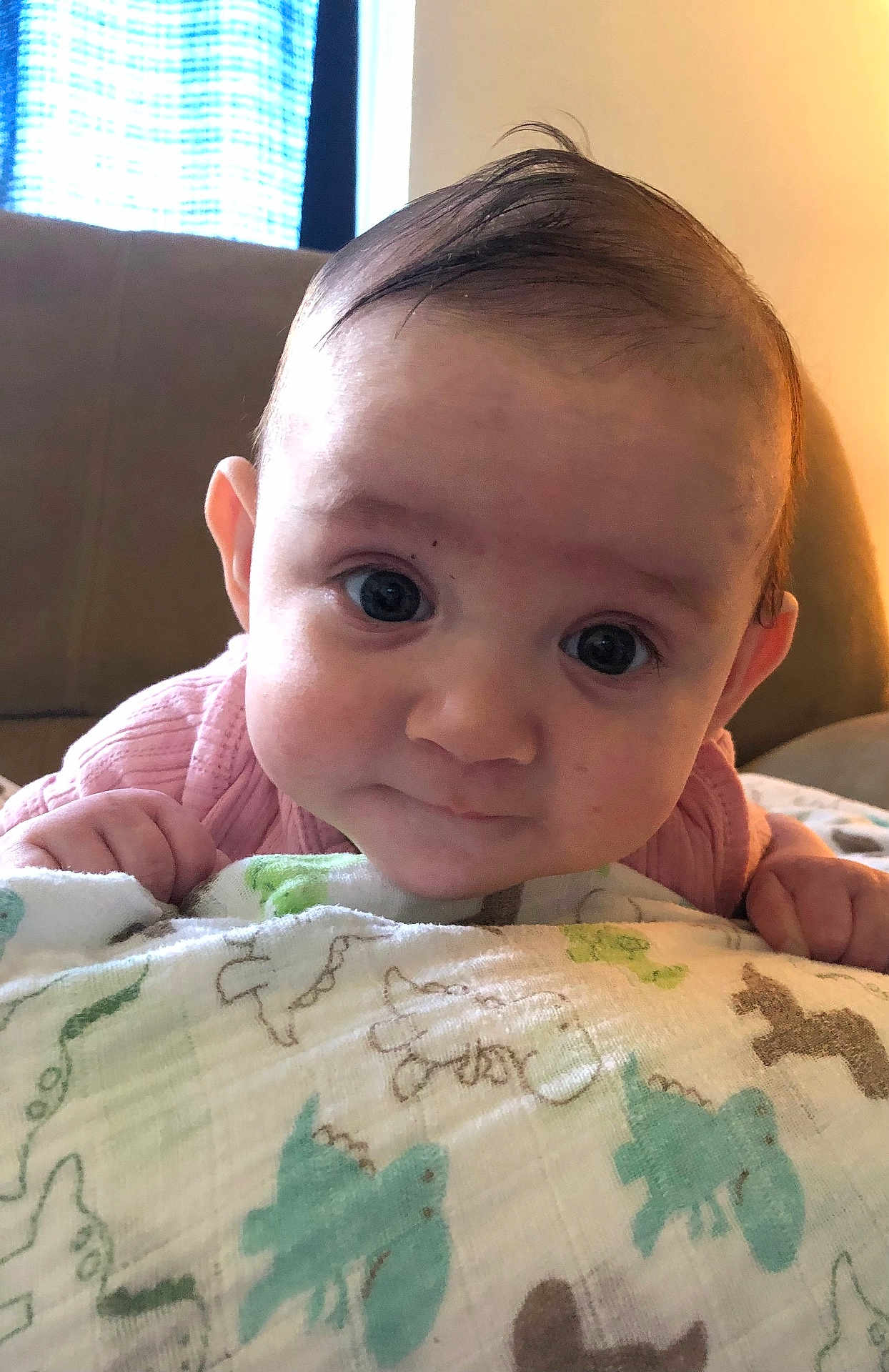 Alayna joined the competition — help win amazing prizes! baby, infant, blanket, animal_print, curious, face, eyes, hands, indoors, light, person, portrait, cute, child, pink_clothing, expression, soft_lighting, couch, closeup, skin