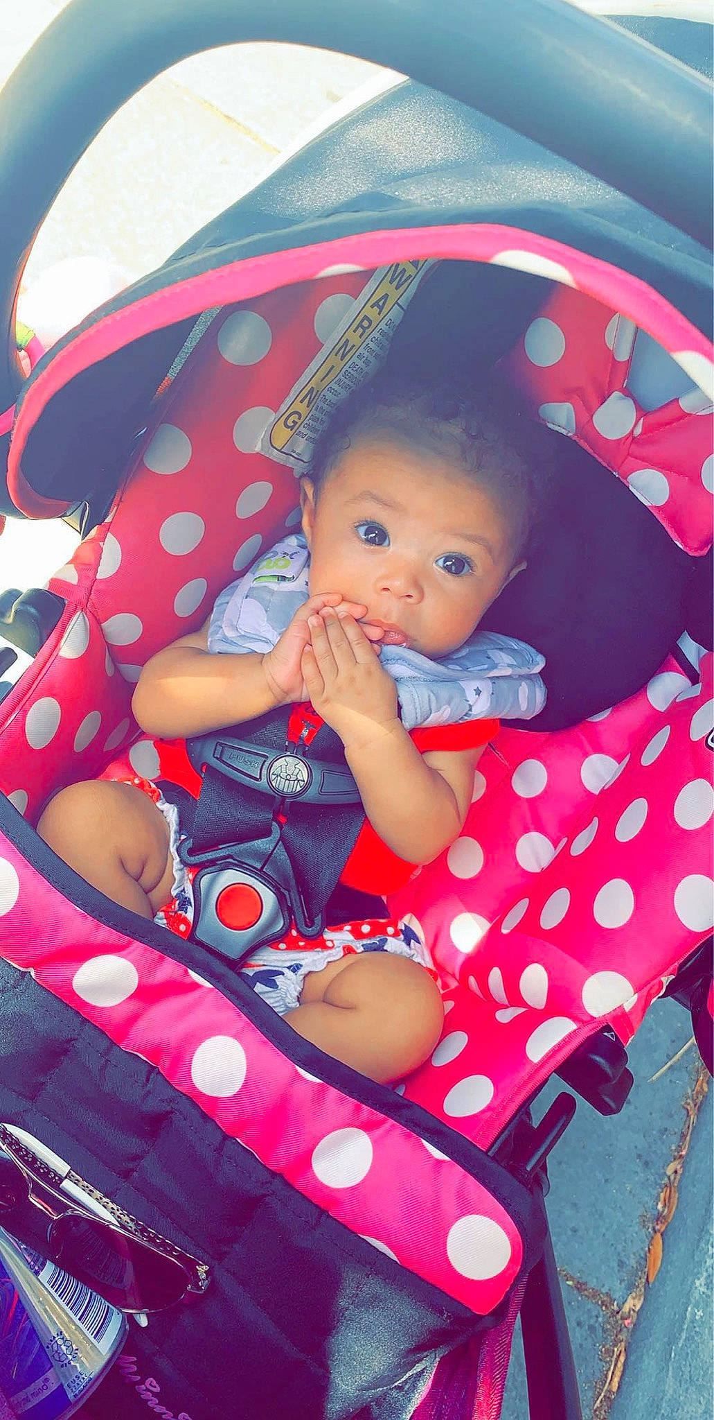 Lexi Jane is registered to the contest to win money with this photo: baby, baby_carriage, baby_products, child, design, eye, pattern, person, pink, polka_dot, product, skin, toddler