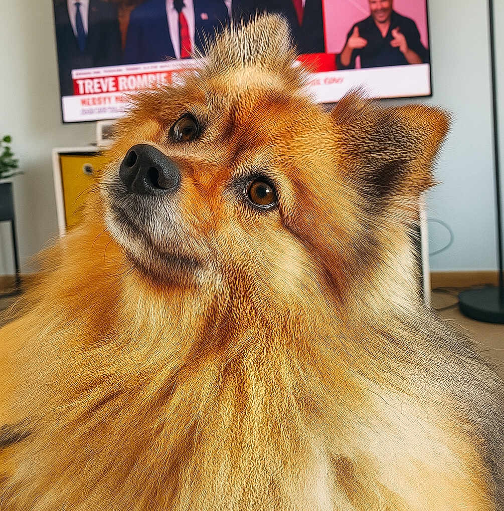 Praline participe au concours pour gagner de l'argent avec cette photo : dog, fluffy, brown, pet, indoor, living_room, television, fur, cute, close_up, animal, domestic_animal, mammal, portrait, face, ears, eyes, nose, houseplant, furniture