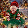 Naya participe au concours pour gagner de l'argent avec cette photo : baby, child, christmas, christmas_tree, cozy_cabin, decorations, elf_costume, festive, green_dress, hat, holiday, lights, ornaments, presents, red_hat, smiling, snow, snowfall, tights, winter