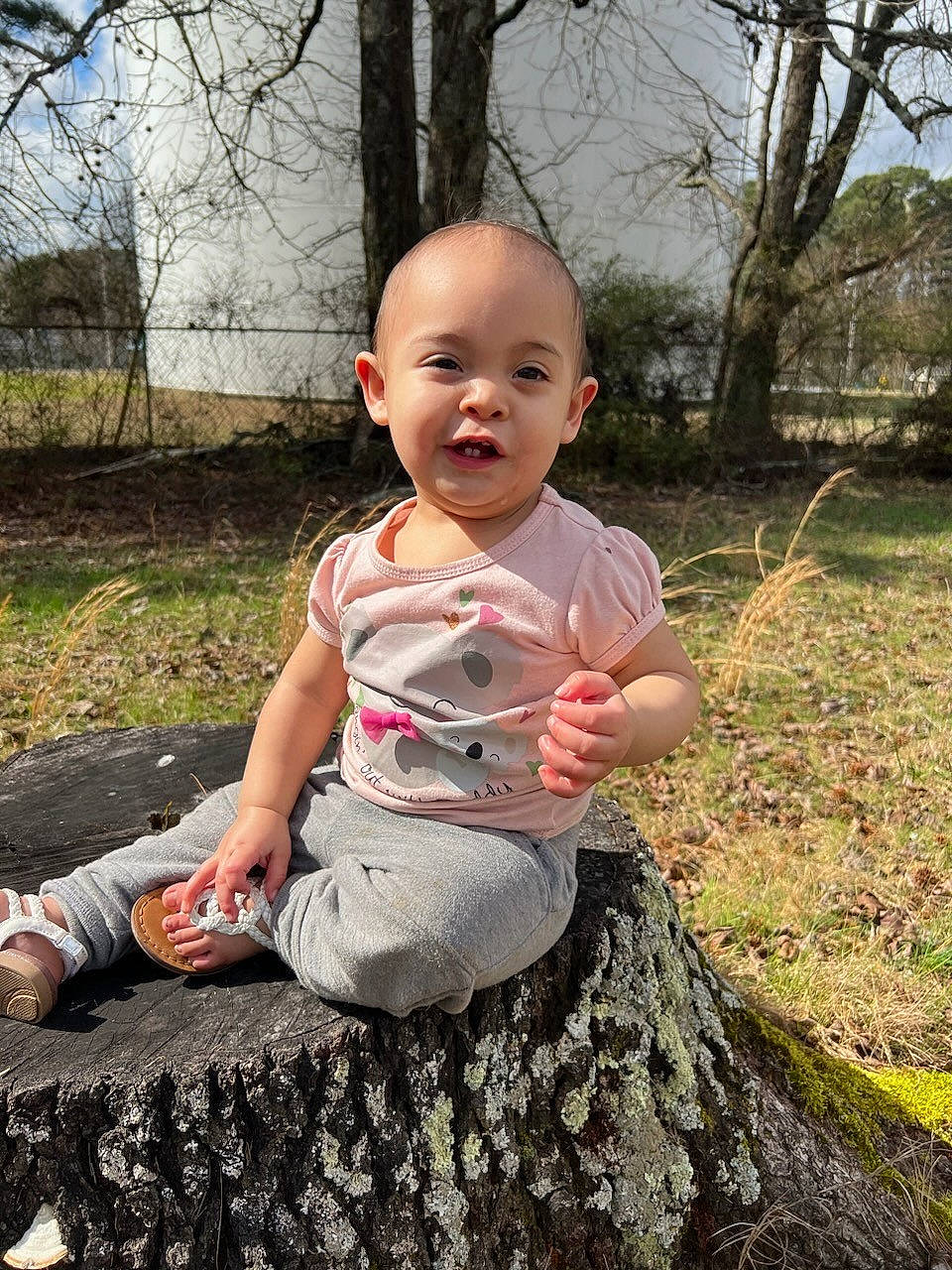 Cecilia is registered to the contest to win money with this photo: baby, baby_toddler_clothing, child, fun, grass, happy, laugh, leaf, people_in_nature, person, plant, recreation, sitting, sky, smile, soil, spring, t_shirt, toddler, tree