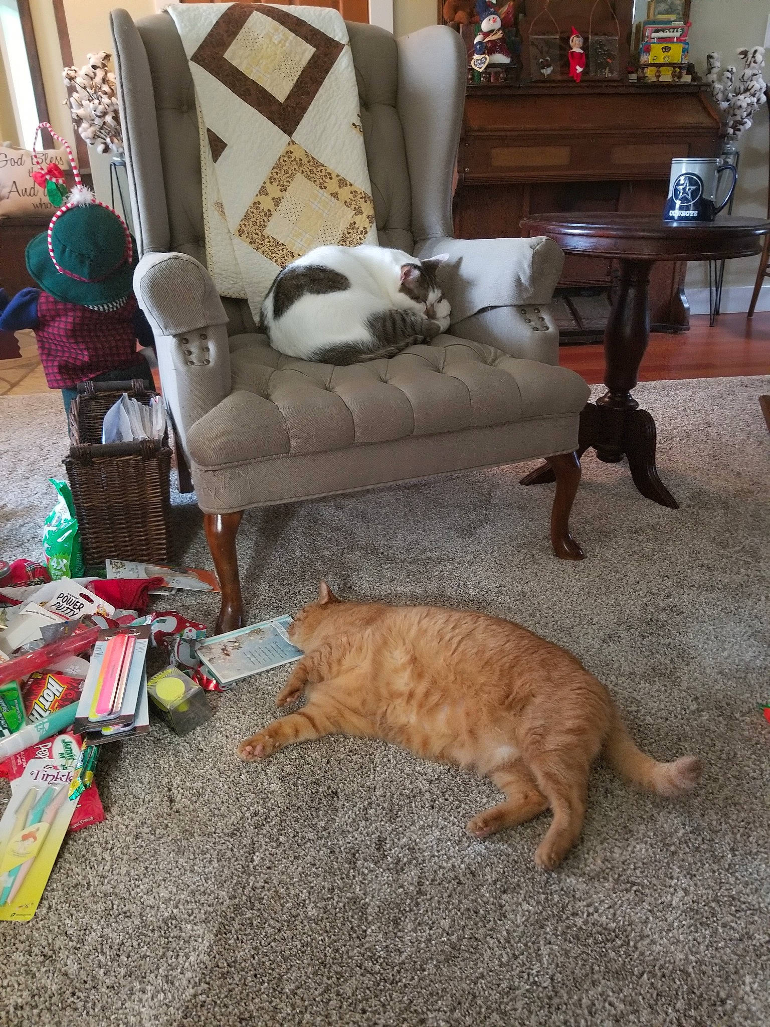 Pewdie Pie joined the competition — help win amazing prizes! canidae, carnivore, cat, christmas, christmas_tree, couch, fawn, felidae, floor, flooring, furniture, hardwood, home, living_room, room, small_to_medium_sized_cats, sporting_group, table, tail, wood