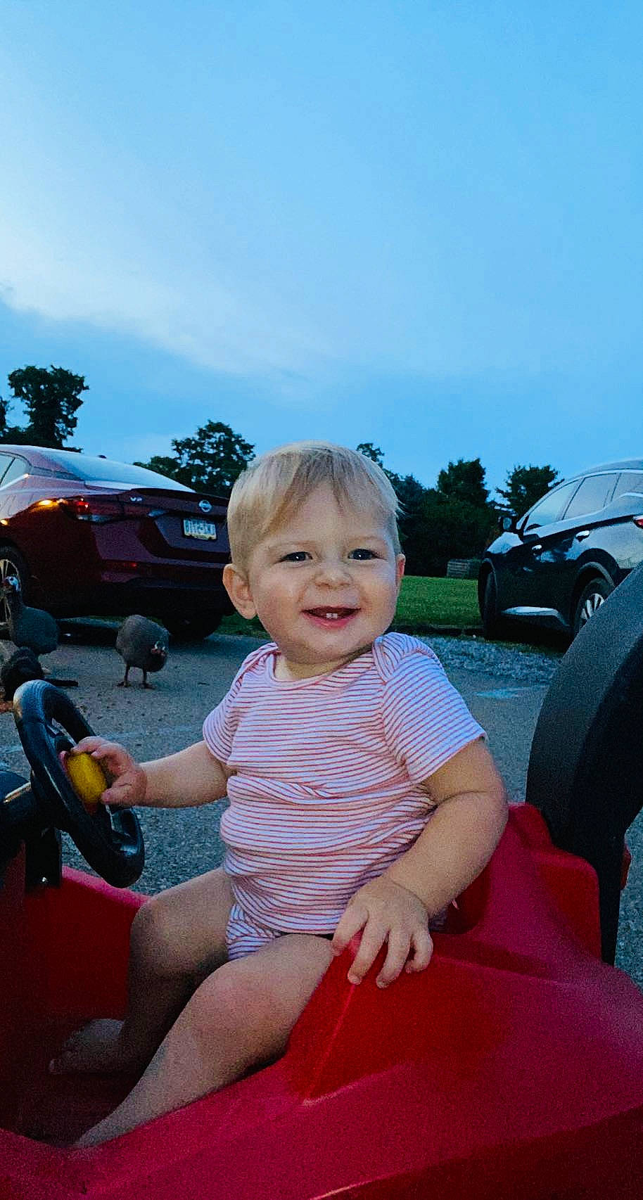 Braxton is registered to the contest to win money with this photo: automotive_design, automotive_exterior, automotive_lighting, automotive_tire, bumper, cloud, happy, joy, leisure, mode_of_transport, motor_vehicle, person, public_space, sky, smile, tire, toddler, travel, tree, vehicle