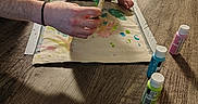 Horace joined the competition — help win amazing prizes! adult, art, baby, canvas, child, colorful, creative, floor, foot, hand, helping_hand, indoor, learning, messy, paint_bottles, painting, person, play, skin, toddler