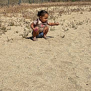 Eliana joined the competition — help win amazing prizes! toddler, child, sand, playground, flower, twig, outdoor, dry_grass, fence, curly_hair, shorts, shoes, sunny, daylight, crouching, casual_clothing, nature, young_child, exploring, summer