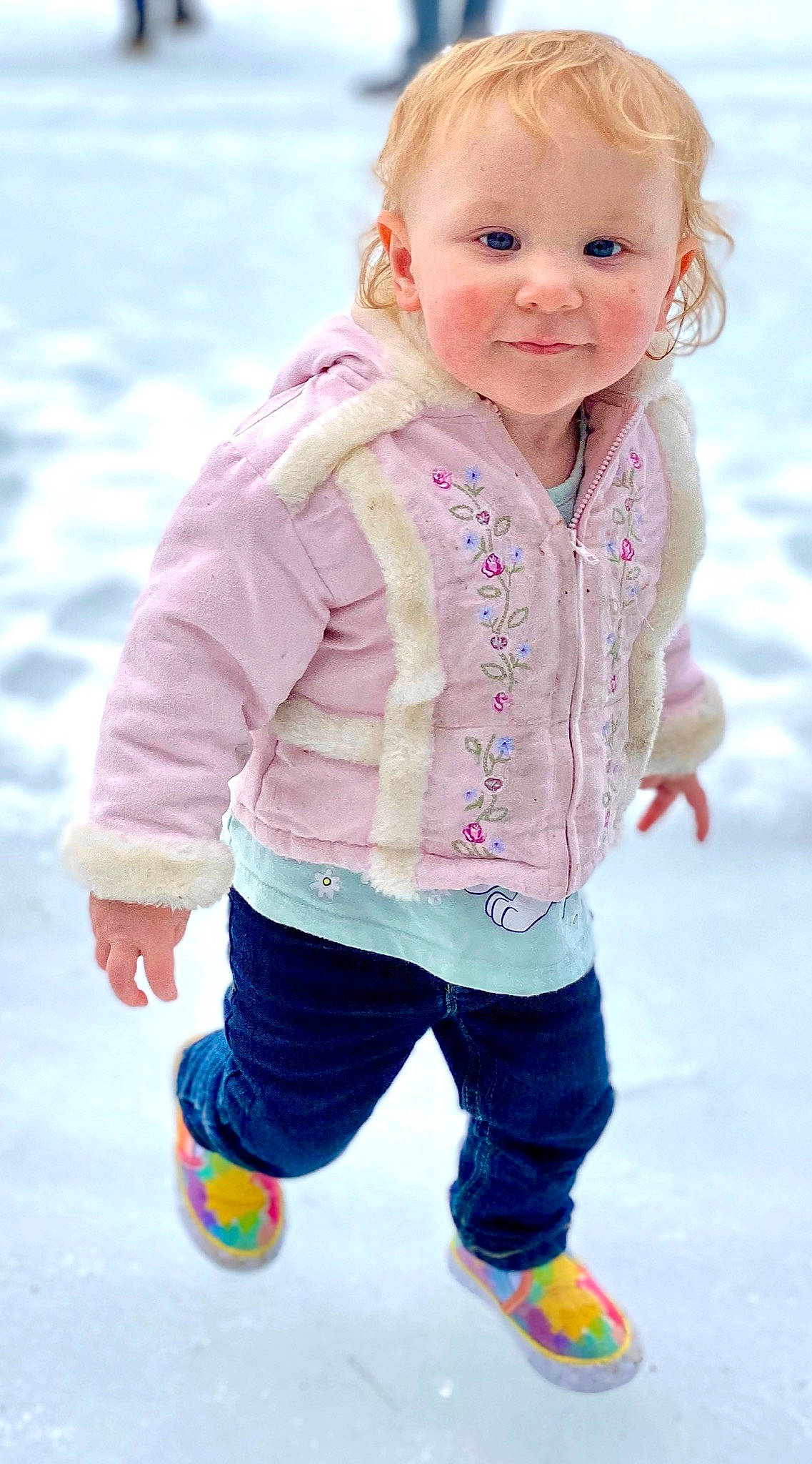 Adalynn joined the competition — help win amazing prizes! baby, blond, blue, cheek, child, child_model, face, footwear, nose, outerwear, person, pink, play, skin, smile, snow, standing, toddler, white, winter