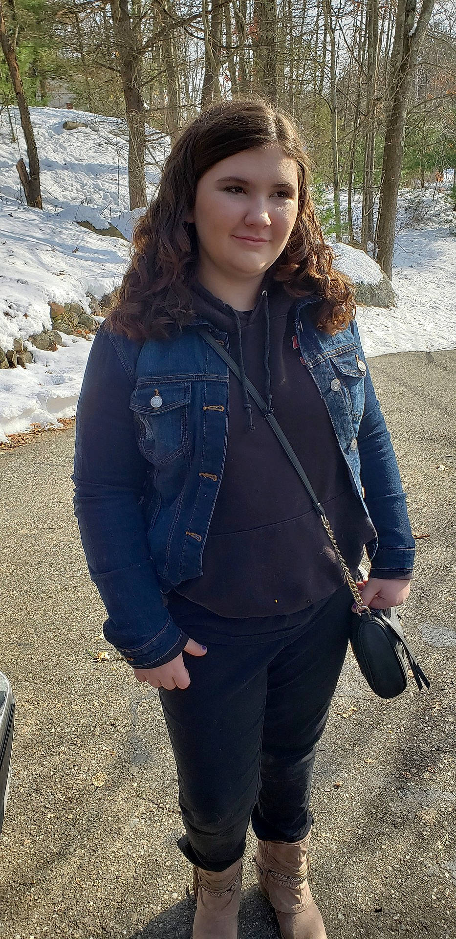 Kassidy joined the competition — help win amazing prizes! beauty, blue, denim, fashion, footwear, fun, fur, girl, jacket, jeans, joy, long_hair, outerwear, pattern, person, smile, standing, textile, tree, trousers