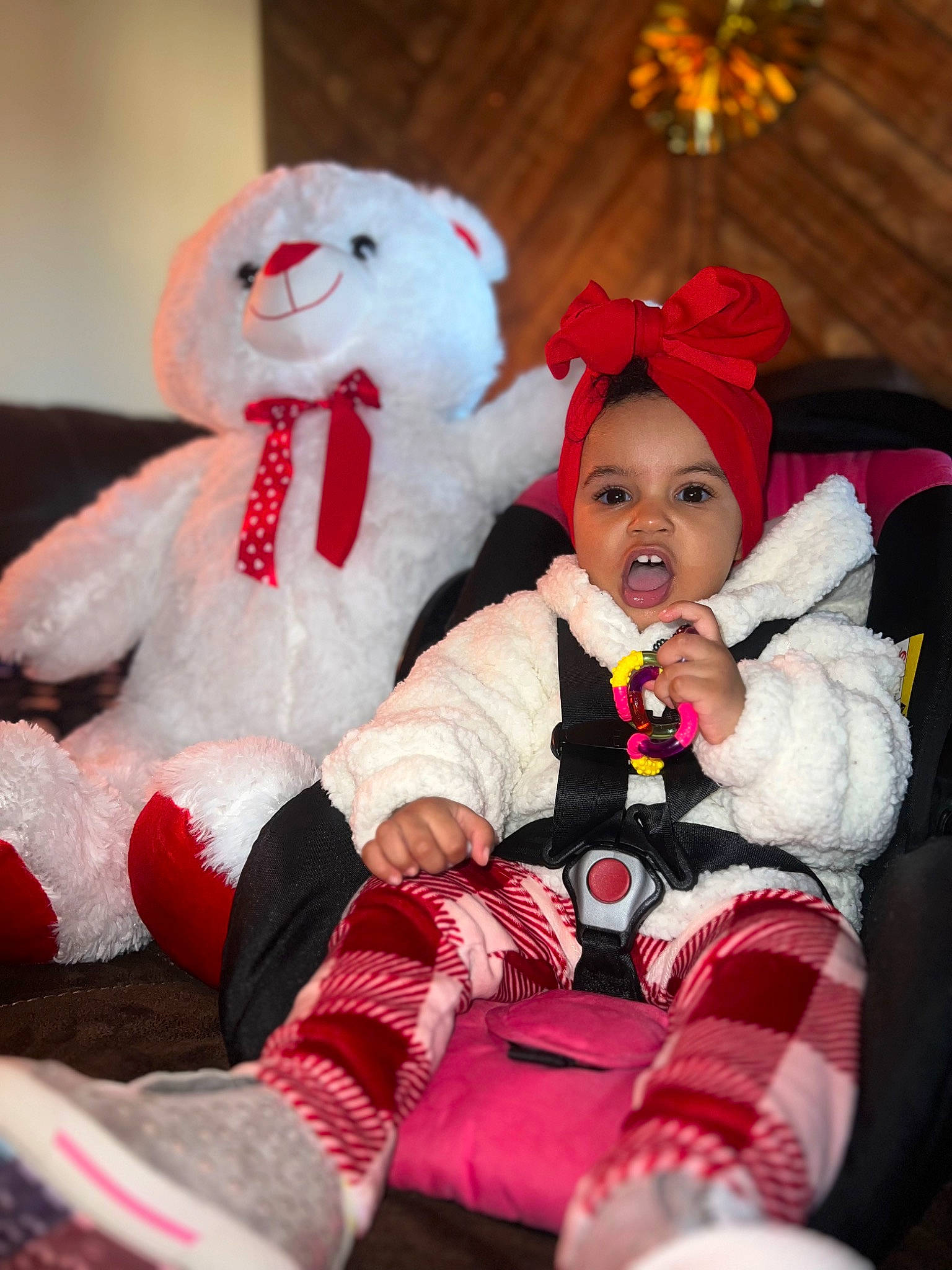 Brielle joined the competition — help win amazing prizes! baby, baby_toddler_clothing, child, christmas, christmas_eve, comfort, event, fictional_character, fun, fur, happy, hat, headwear, holiday, human_body, lap, mammal, person, pink, santa_claus