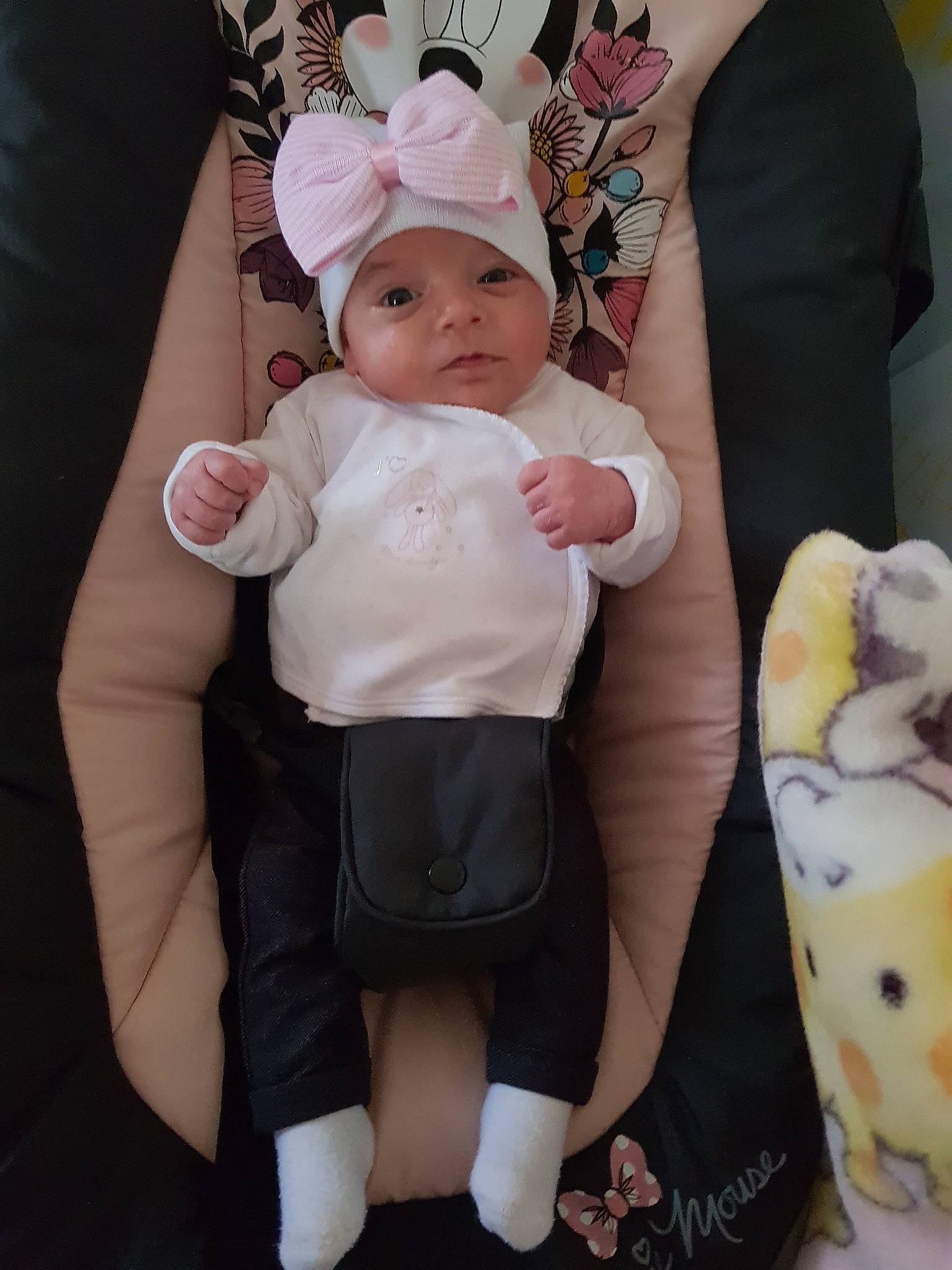 Emma participe au concours pour gagner de l'argent avec cette photo : abdomen, arm, baby, baby_products, cheek, child, ear, hair_accessory, hand, head, headgear, headwear, joint, leg, person, pink, product, skin, stuffed_toy, thigh