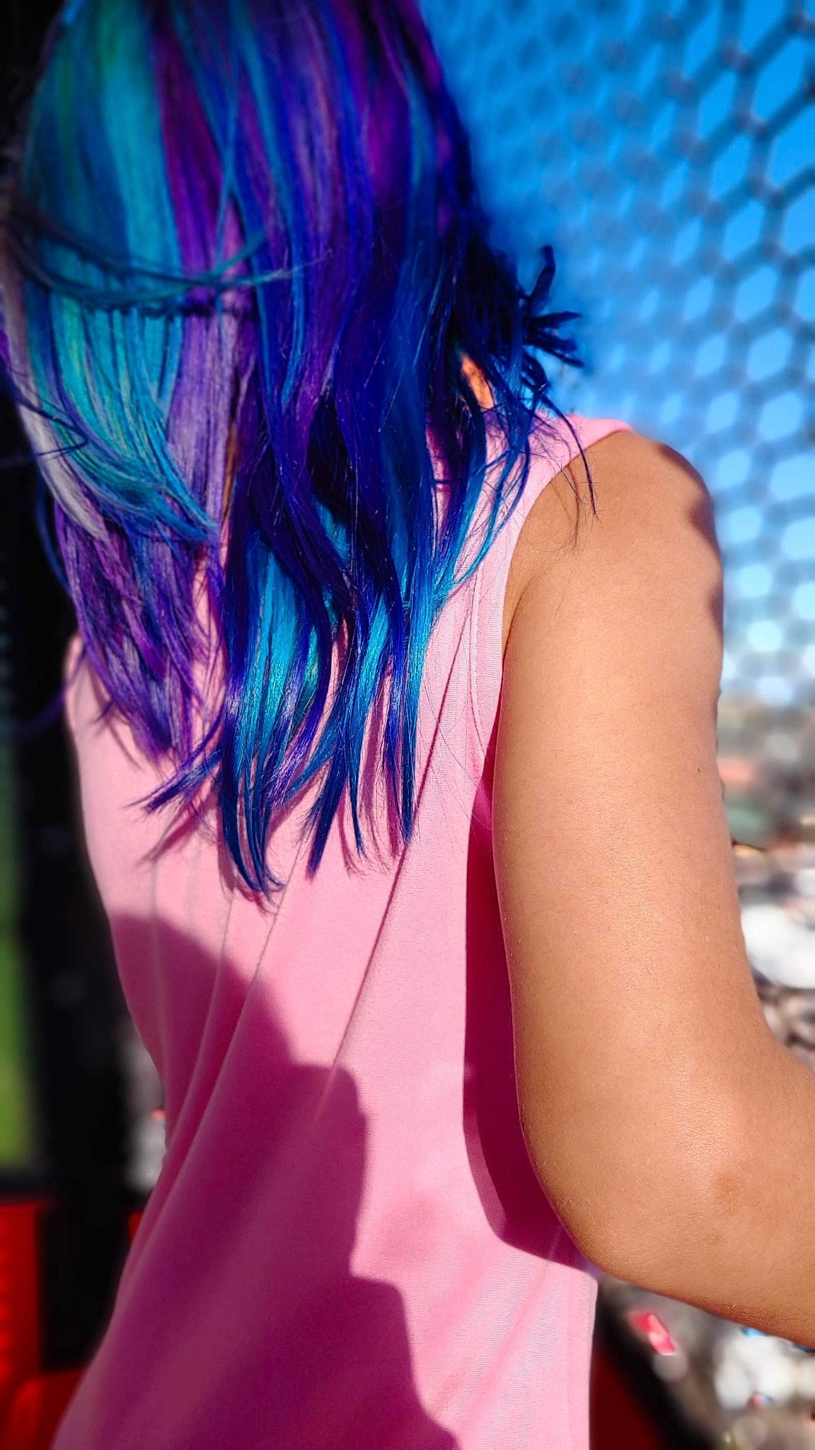 Mireya is registered to the contest to win money with this photo: azure, bangs, black_hair, brown_hair, close_up, cool, elbow, electric_blue, event, eyelash, feather, fun, human_leg, long_hair, magenta, neck, person, pink, purple, red_hair
