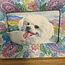 animal_art, art, background, colorful, decor, dog, floral_pattern, flowers, frame, home_decor, illustration, painting, pet_portrait, picture_frame, portrait, table, tongue_out, watercolor, white_dog, wood_surface
