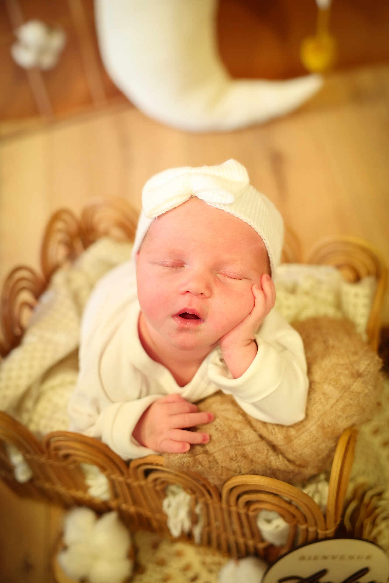 Ambre a rejoint le concours — aidez-le/la à gagner de superbes lots ! baby, newborn, infant, sleeping, basket, knit_hat, bow, blanket, cozy, portrait, face, hand, soft_focus, warm_tones, wood_floor, props, cute, peaceful, studio_photography, newborn_session