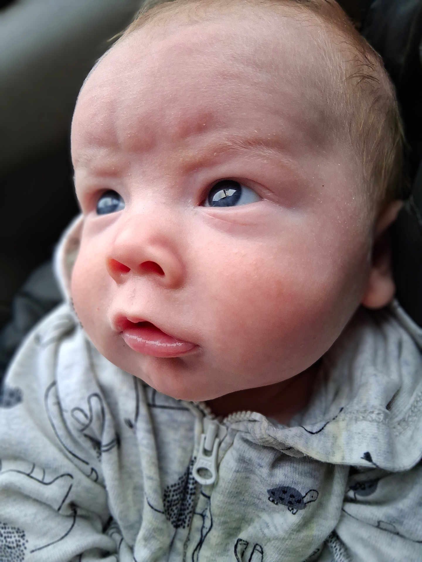 Randy is registered to the contest to win money with this photo: baby, infant, face, blue_eyes, clothing, hoodie, cute, expression, skin, portrait, close_up, child, young, curious, toddler, apparel, baby_fashion, head, soft_lighting, indoor