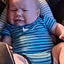 baby, infant, car_seat, clothing, blue_onesie, striped, nike_logo, face, crying, distressed, padded_seat, indoor, person, child, seat_belt, young_child, closeup, expression, head, arm