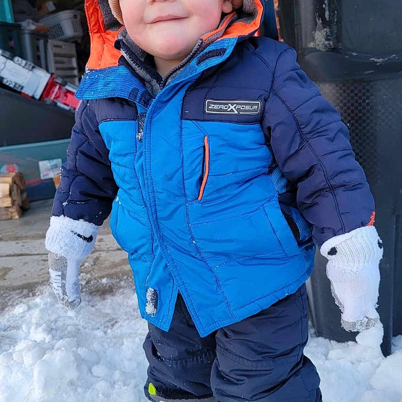 Atlas joined the competition — help win amazing prizes! baby, box, clothing, coat, face, glove, hat, head, hood, hoodie, ice, jacket, nature, outdoors, pants, person, photography, portrait, snow, snowballfight