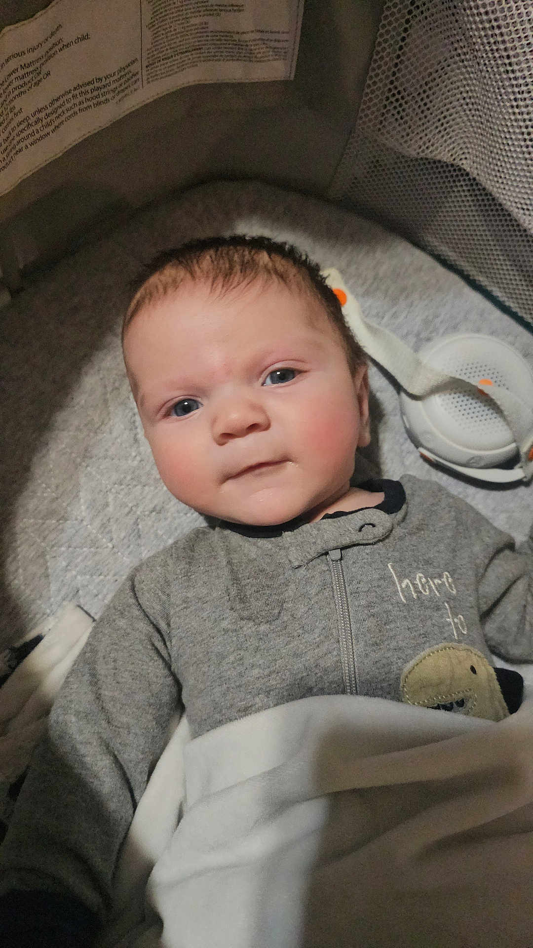 Chapel joined the competition — help win amazing prizes! baby, infant, child, blanket, onesie, dinosaur_patch, crib, playpen, baby_monitor, face, rosy_cheeks, eyes, clothing, sleepwear, indoors, soft_lighting, cute, young, lying_down, cozy