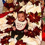 Kasai is registered to the contest to win money with this photo: baby, infant, blanket, christmas, holiday, poinsettia, plush_toy, teddy_bear, snowman, bib, clothing, sitting, indoors, festive, decoration, red, green, white, cute, portrait