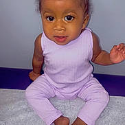Dalylah joined the competition — help win amazing prizes! accessories, baby, barefoot, bodypart, clothing, crawling, dress, face, finger, hand, head, indoors, jewelry, necklace, pants, person, photography, portrait, purple, sitting